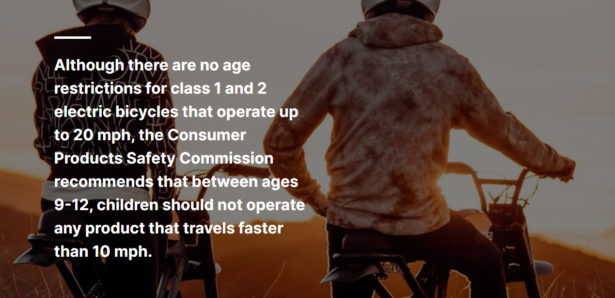 Two children on bikes facing the sunset, with text overlay. Children Ages 9-12 Should Not Operate Any Product That Travels 10 MPH+