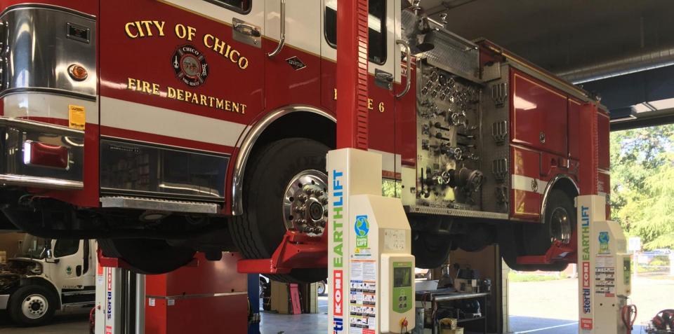 Fire engine getting maintenance 